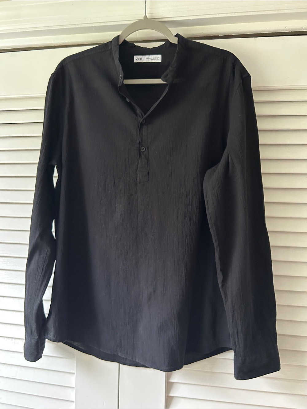 Zara Black Long-Sleeve Grandad Collar Button-Down Top